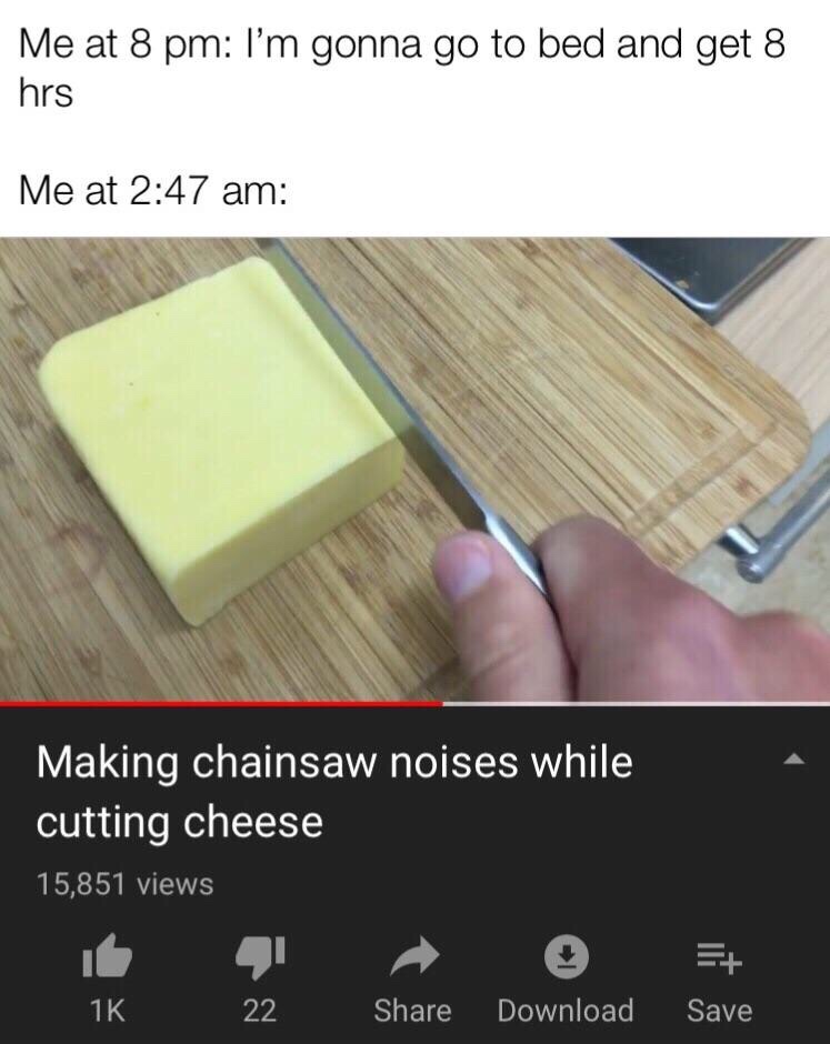 Screenshot of a youtube video about making chainsaw noises while cutting cheese with the text