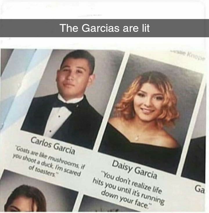 funny meme about carlos garcia meme - The Garcias are lit Carlos Garcia Gasts are mushrooms, if you shoot a duck. I'm scared of toasters. Daisy Garcia "You don't realize life hits you until it's running down your face." Ga