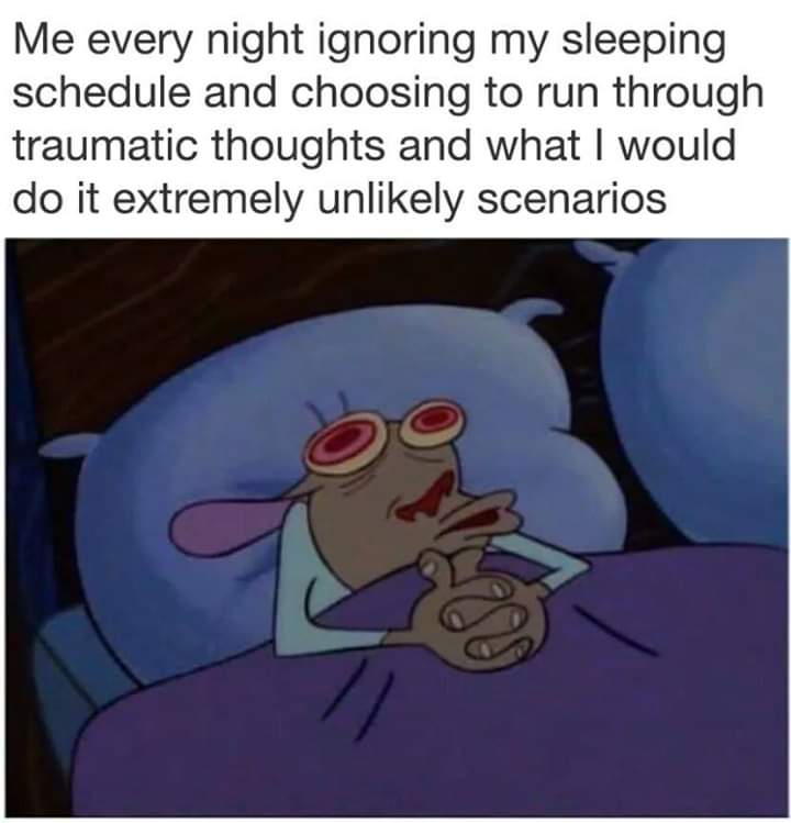 funny meme about me ignoring my sleeping schedule - Me every night ignoring my sleeping schedule and choosing to run through traumatic thoughts and what I would do it extremely unly scenarios