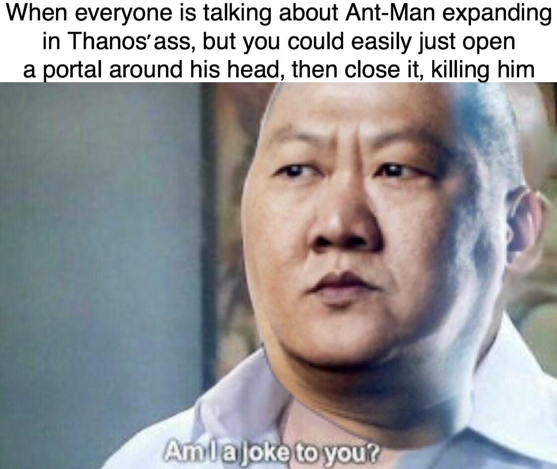 Funny meme of a guy asking 'Am I a joke to you' with the caption 'When everyone is talking about Ant-Man expanding in Thanos' ass, but you could easily just open a portal around his head, then close it, killing him