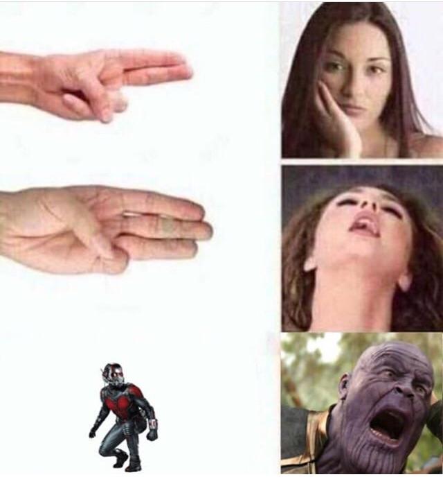Funny meme of Ant Man flying up Thanos' butt