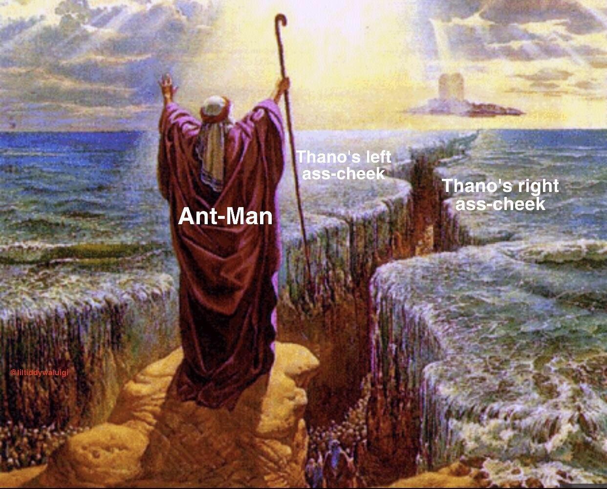 Funny meme of Moses parting the red sea but the sea is Thanos' butt and moses is Ant-man