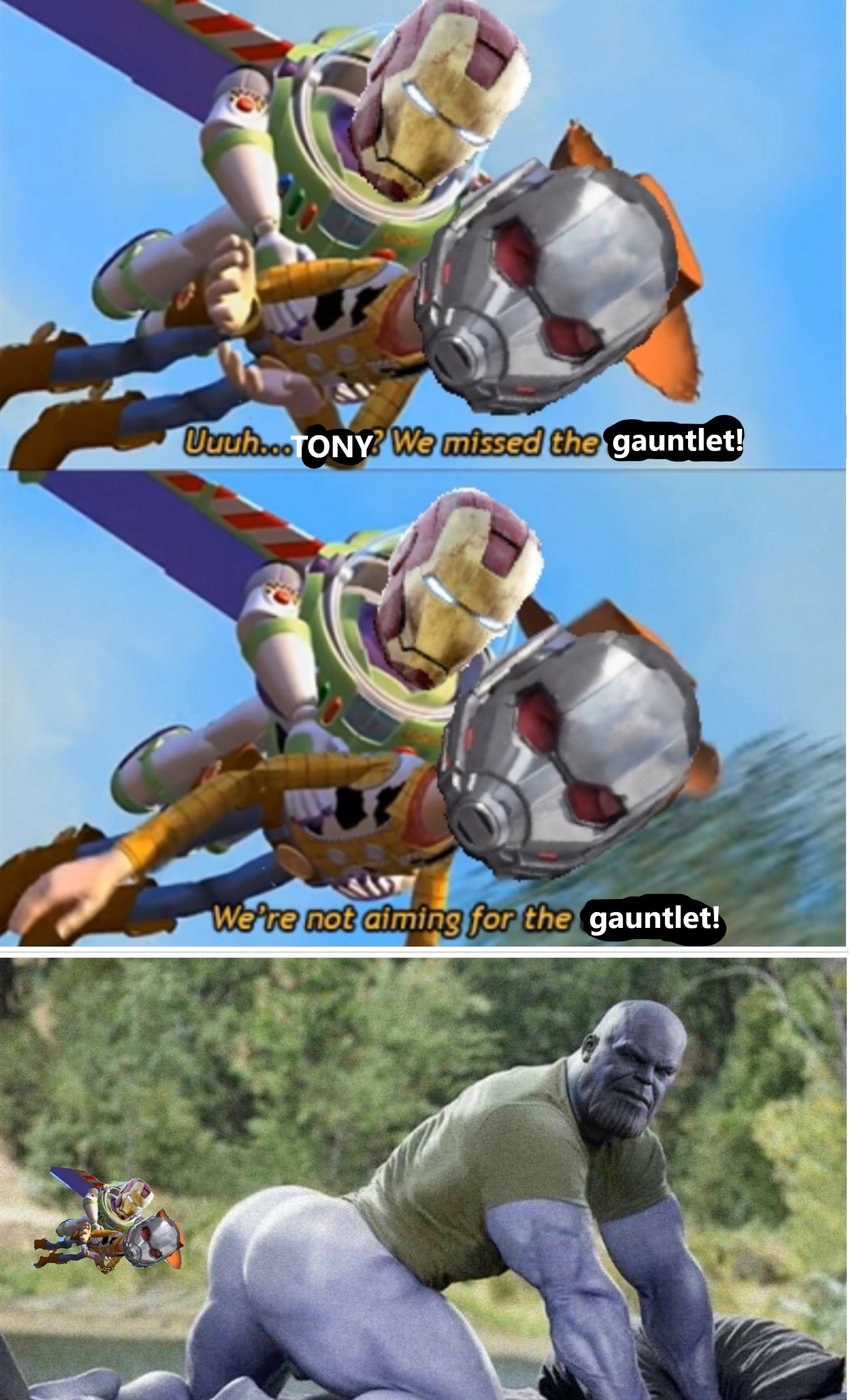 Funny Avengers meme about Ant-Man flying up Thanos' butt
