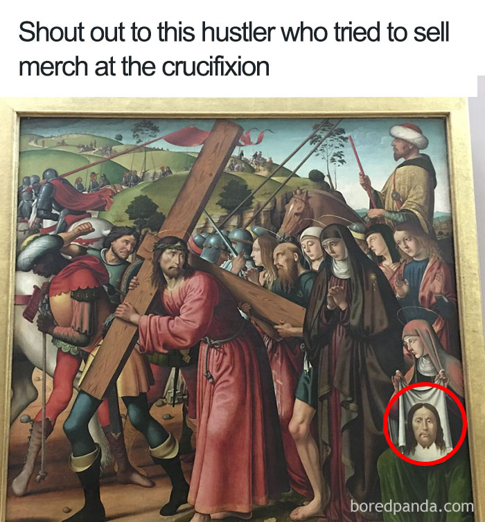 the louvre - Shout out to this hustler who tried to sell merch at the crucifixion boredpanda.com
