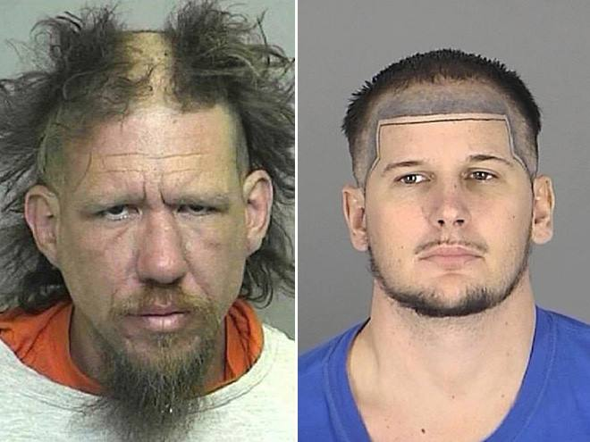 Funny Mugshot - A guy with the middle of his head shaved and a guy with a tattoo.