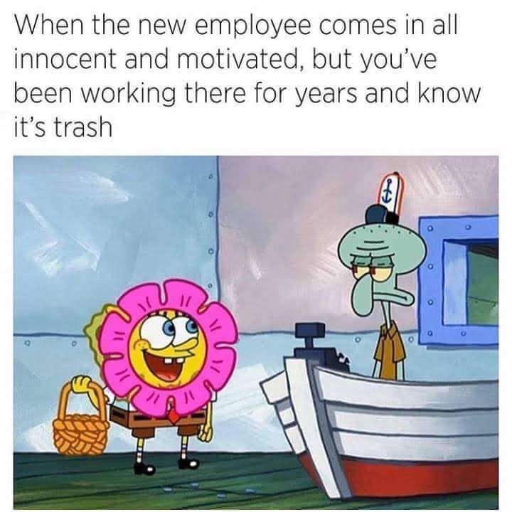 funny meme of spongebob flower meme - When the new employee comes in all innocent and motivated, but you've been working there for years and know it's trash