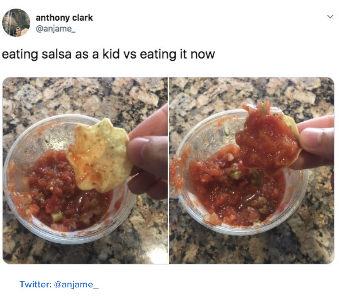 funny meme of Salsa - anthony clark eating salsa as a kid vs eating it now Twitter