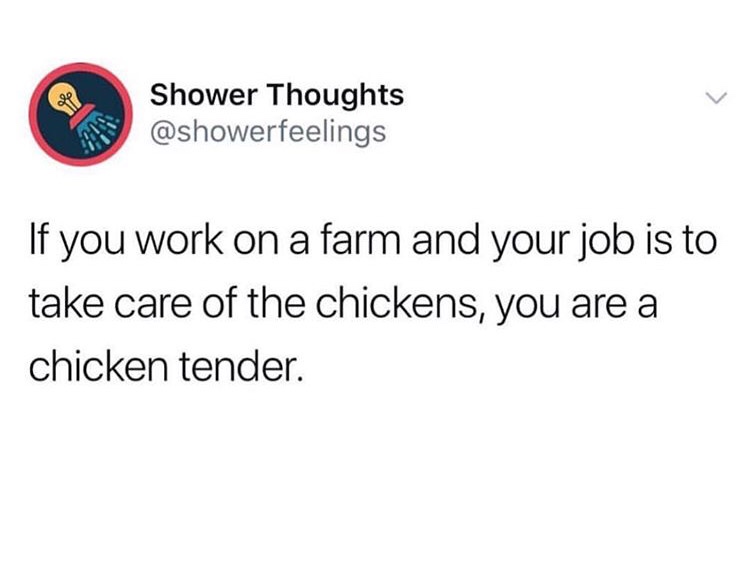 meme girls hitting curbs - Shower Thoughts If you work on a farm and your job is to take care of the chickens, you are a chicken tender.