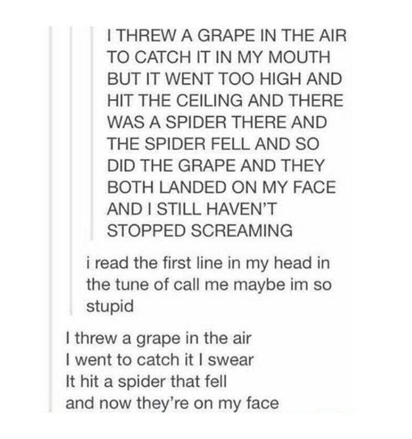 threw a grape in the air - I Threw A Grape In The Air To Catch It In My Mouth But It Went Too High And Hit The Ceiling And There Was A Spider There And The Spider Fell And So Did The Grape And They Both Landed On My Face And I Still Haven'T Stopped Scream