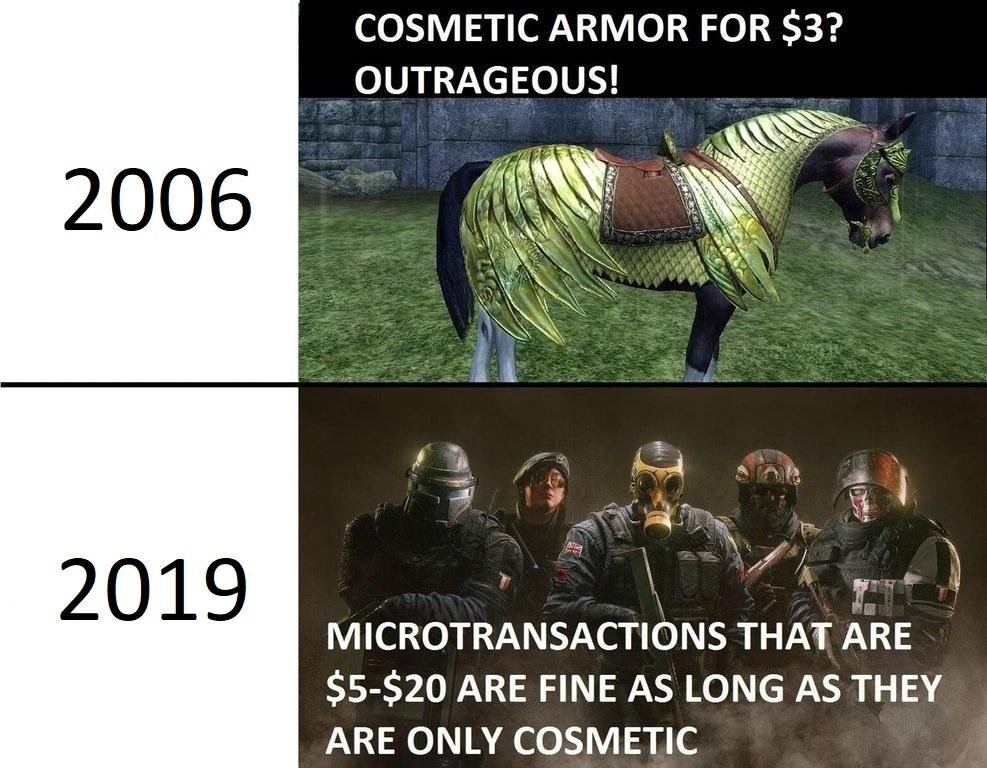 video game memes - Cosmetic Armor For $3? Outrageous! 2006 2019 Microtransactions That Are $5$20 Are Fine As Long As They Are Only Cosmetic