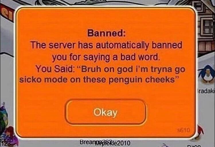 club penguin bans - Banned The server has automatically banned you for saying a bad word. You Said "Bruh on god i'm tryna go sicko mode on these penguin cheeks" radaki Okay 5610 Breanmankie 2010