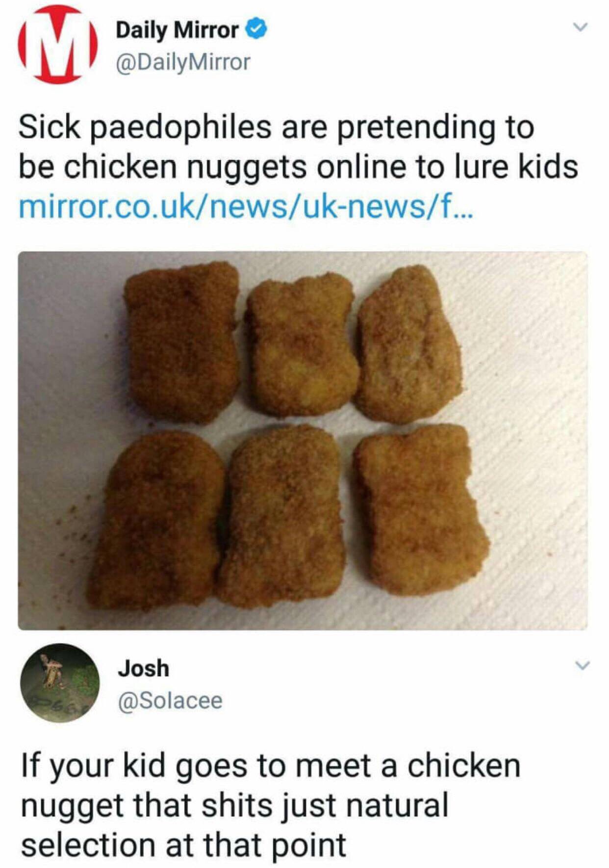 memes - meme pedophiles pretending to be chicken nuggets - Daily Mirror Mirror Sick paedophiles are pretending to be chicken nuggets online to lure kids mirror.co.uknewsuknewsf... Josh If your kid goes to meet a chicken nugget that shits just natural sele