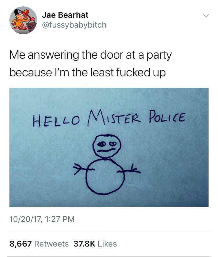 meme angle - Jae Bearhat Me answering the door at a party because I'm the least fucked up Hello Mister Police 102017, 8,667