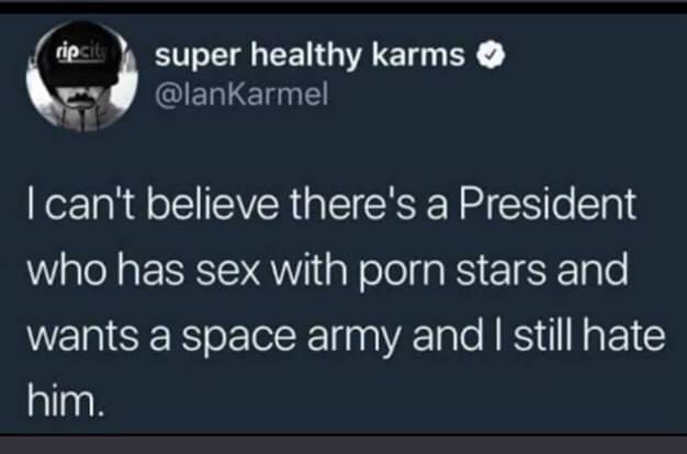 Funny meme - light - ripci super healthy karms I can't believe there's a President who has sex with porn stars and wants a space army and I still hate him.