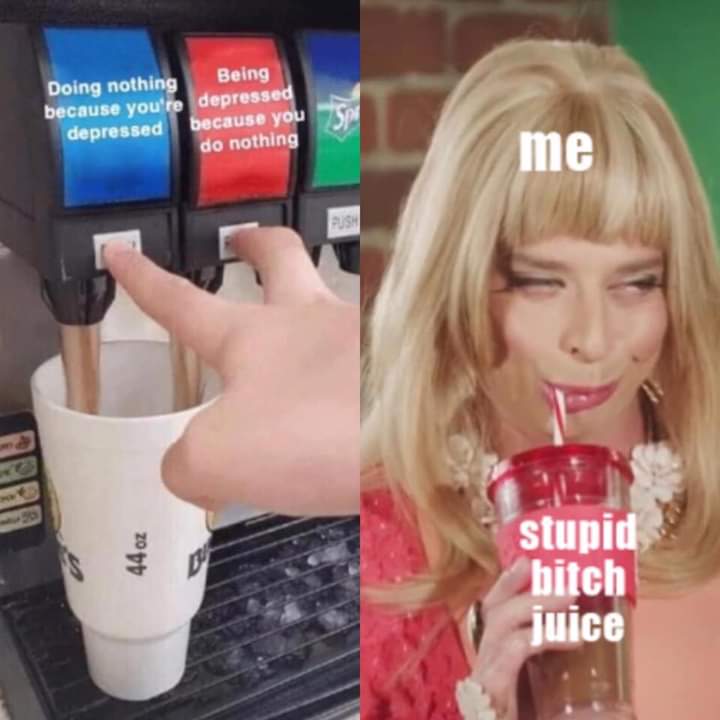 dumb bitch juice meme - Being Doing nothing because you're depressed depressed because you do nothing me 44 oz stupid bitch Juice