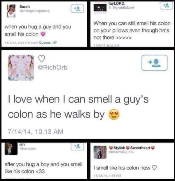 smell his colon meme - tayLORD. ErykaBaDont Sarah Chongalongadong when you hug a guy and you smell his colon 19714, 2135 Am from Queens, Ny When you can still smell his colon on your pillows even though he's not there >>>>> Alesan I love when I can smell 