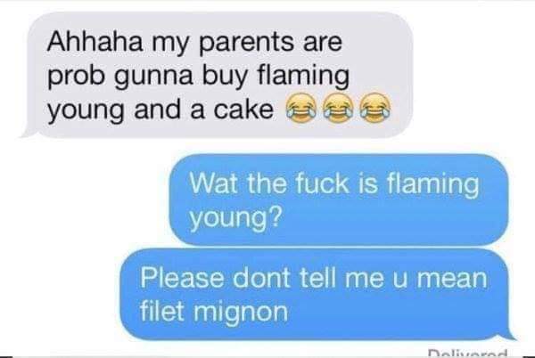 flaming young - Ahhaha my parents are prob gunna buy flaming young and a cake s a Wat the fuck is flaming young? Please dont tell me u mean filet mignon