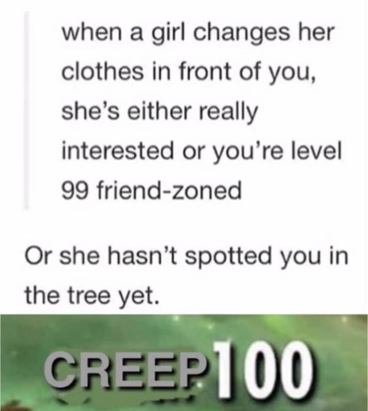 dank meme about wish i was pretty - when a girl changes her clothes in front of you, she's either really interested or you're level 99 friendzoned Or she hasn't spotted you in the tree yet. CREEP100