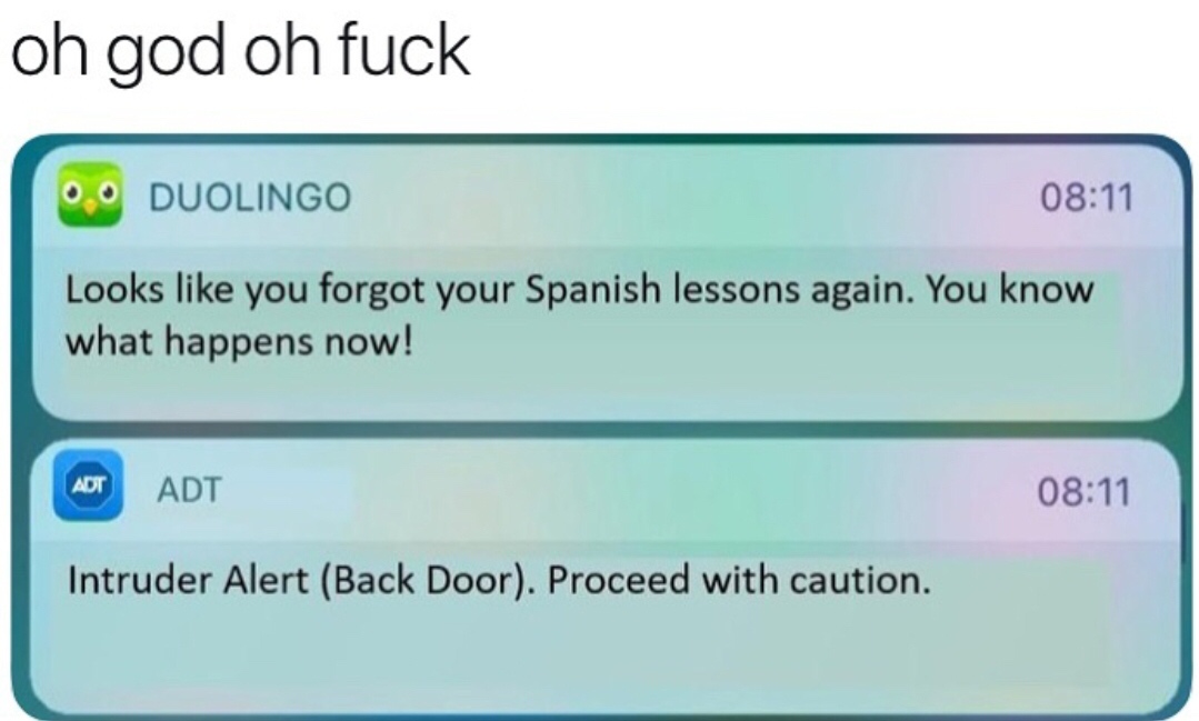 dank meme about multimedia - oh god oh fuck 0.0 Duolingo Looks you forgot your Spanish lessons again. You know what happens now! Adt Adt Intruder Alert Back Door. Proceed with caution.