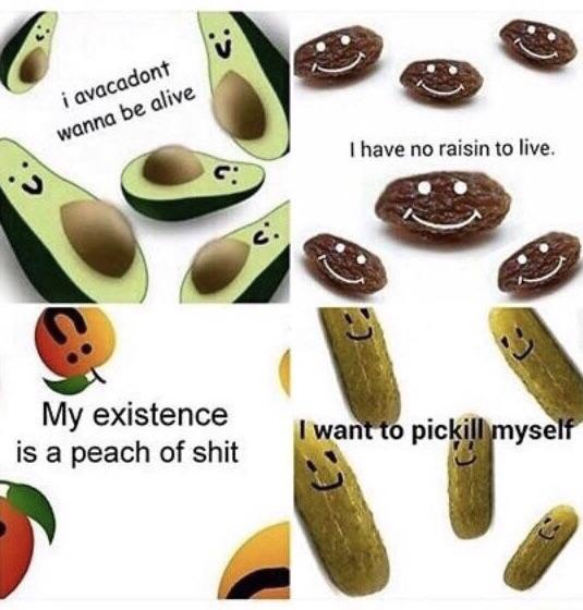 dank meme about avocadon t want to live - i avacadont wanna be alive I have no raisin to live. My existence is a peach of shit I want to pickill myself