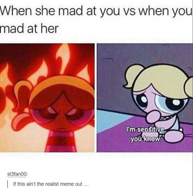 funny meme of she's mad at you meme - When she mad at you vs when you mad at her I'm sensitive you know st3fan00 If this ain't the realist meme out...