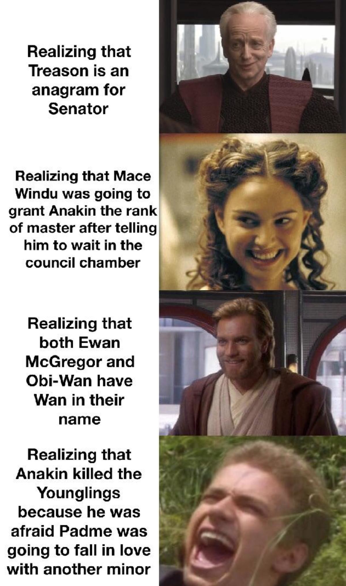 funny meme of padme amidala - Realizing that Treason is an anagram for Senator Realizing that Mace Windu was going to grant Anakin the rank of master after telling him to wait in the council chamber Realizing that both Ewan McGregor and ObiWan have Wan in