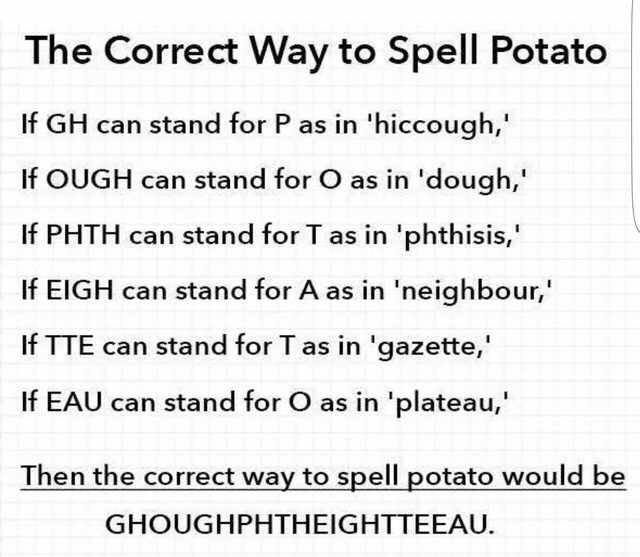english language is weird - The Correct Way to Spell Potato If Gh can stand for P as in 'hiccough, If Ough can stand for O as in 'dough,' If Phth can stand for T as in 'phthisis,' If Eigh can stand for A as in 'neighbour,' If Tte can stand for Tas in 'gaz