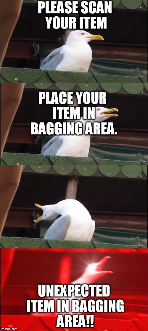 unexpected item in bagging area meme - Please Scan Your Item Place Your Itemuins Bagging Area. Unexpected Item In Bagging Area!! imgflip.com