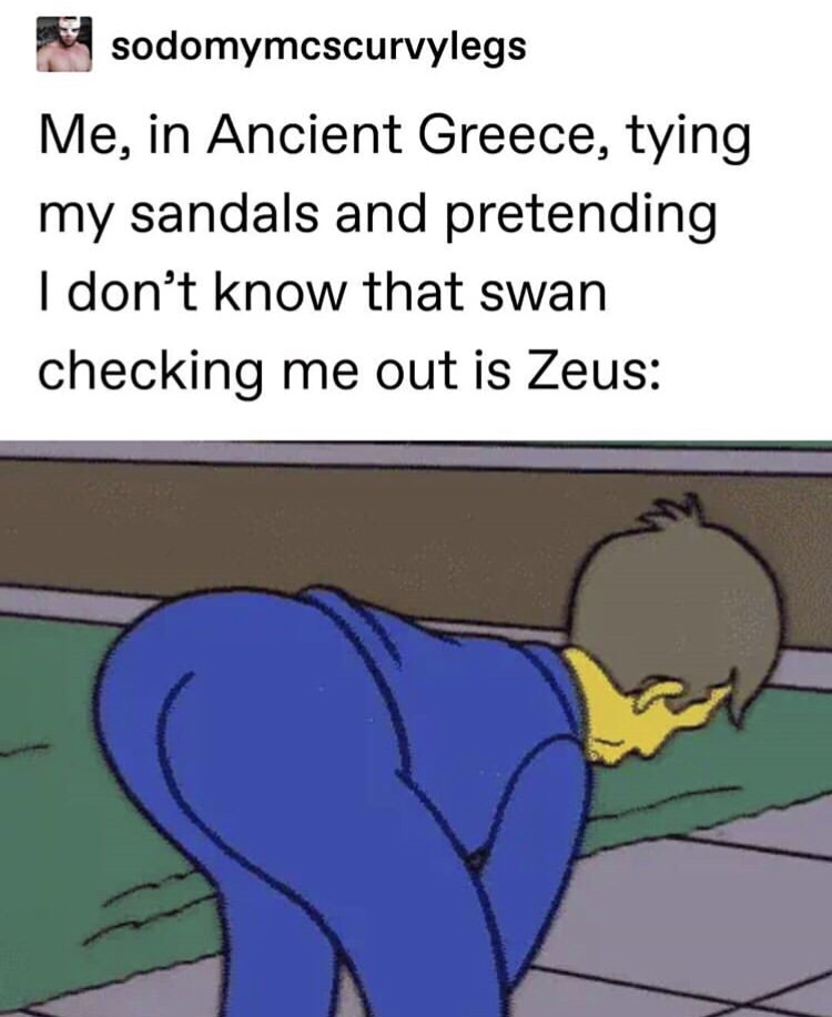 relationship meme of cartoon sodomymcscurvylegs Me, in Ancient Greece, tying my sandals and pretending I don't know that swan checking me out is Zeus