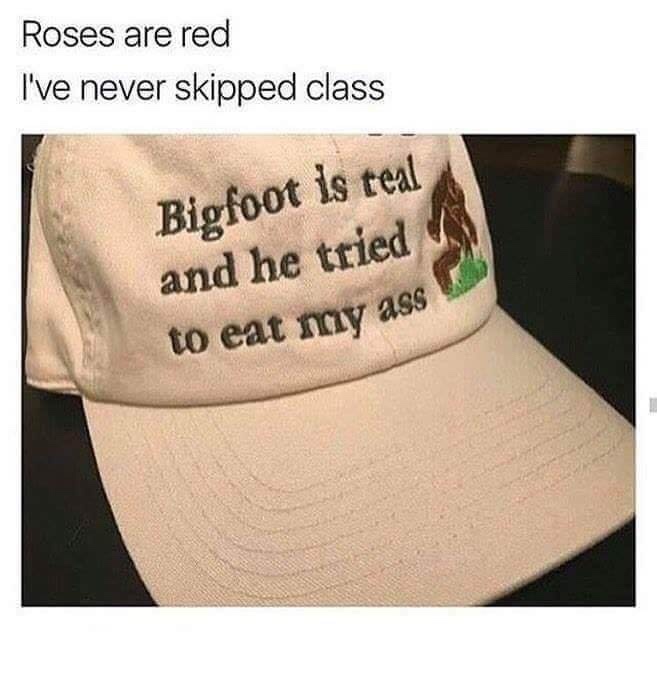 relationship meme of bigfoot hat meme Roses are red I've never skipped class Bigfoot is teal and he tried to eat my ass