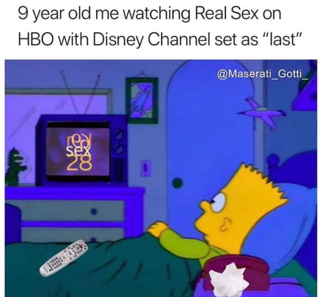 relationship meme of real sex hbo meme 9 year old me watching Real Sex on Hbo with Disney Channel set as "last"