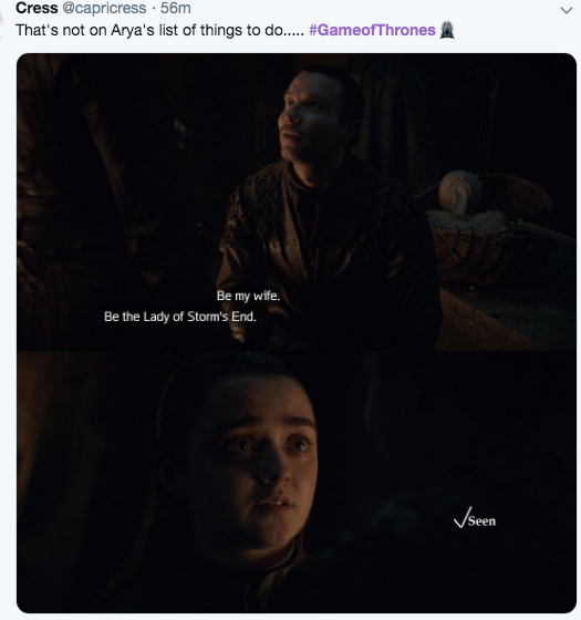 Game of Thrones Season 8 Episode 4 meme - arya turning gendry down game of thrones reaction.