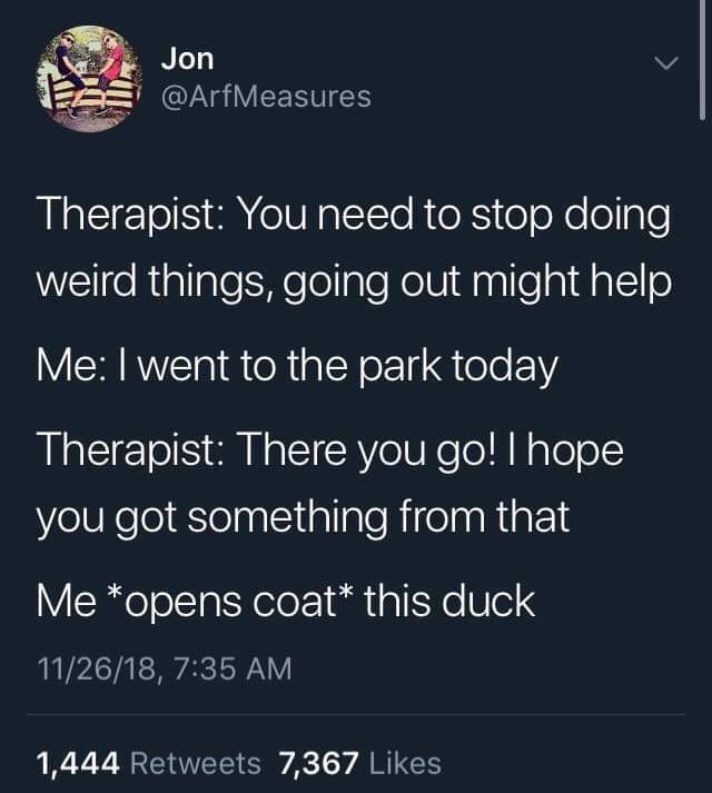 dank meme of Lance - Jon Therapist You need to stop doing weird things, going out might help Me I went to the park today Therapist There you go! I hope you got something from that Me opens coat this duck 112618, 1,444 7,367