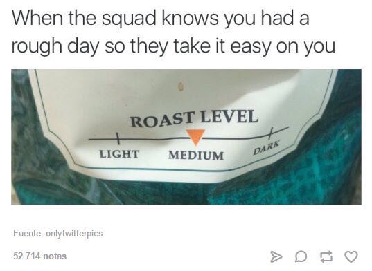 dank meme of When the squad knows you had a rough day so they take it easy on you Roast Level Roast Level Light Medium Dara Fuente only twitterpics 52 714 notas >De