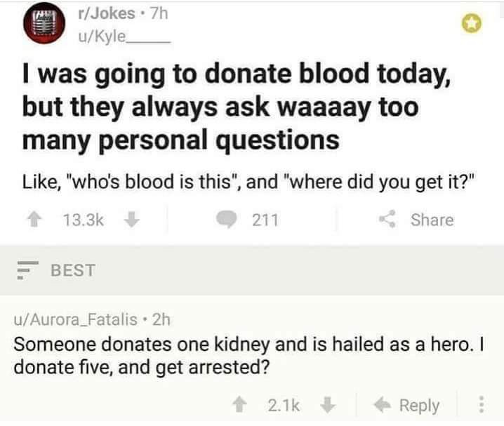 best finger in the butt memes - rJokes .7h uKyle_ I was going to donate blood today, but they always ask waaaay too many personal questions , "who's blood is this", and "where did you get it?" 1 211 Best uAurora_Fatalis. 2h Someone donates one kidney and 