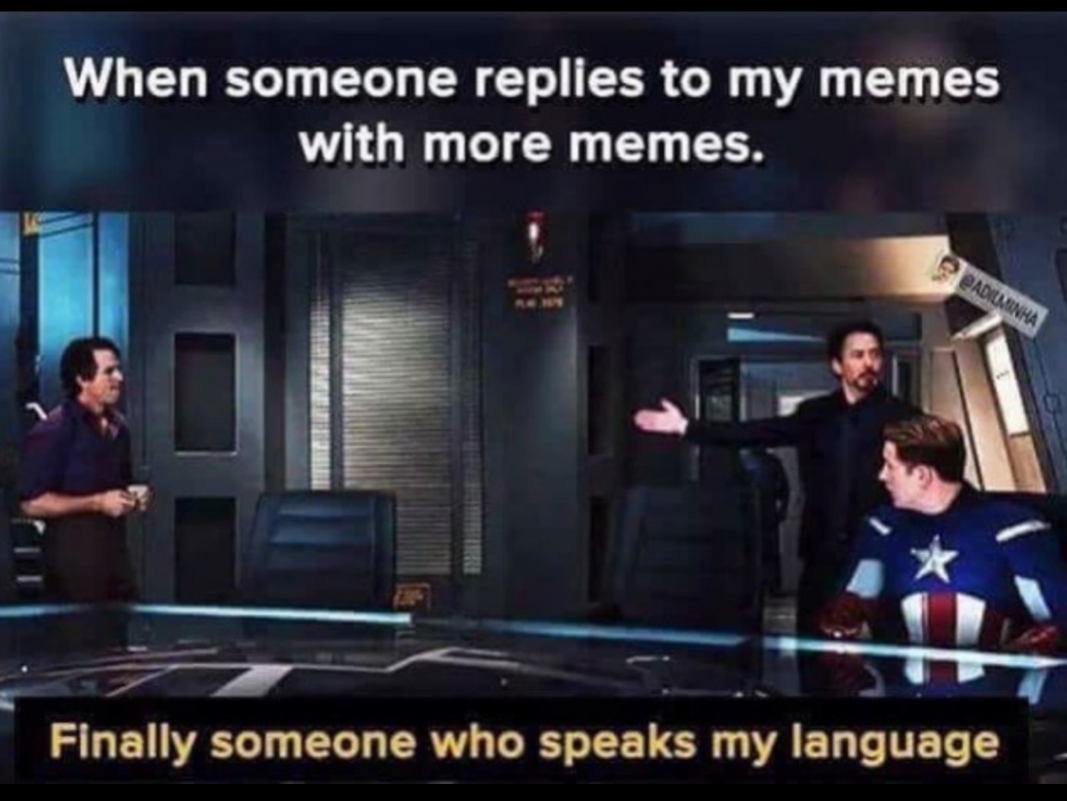 tony stark finally someone who speaks english - When someone replies to my memes with more memes. B Adilminha Finally someone who speaks my language