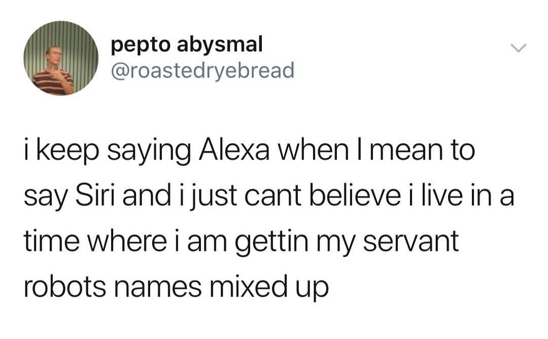 robot servants meme - pepto abysmal i keep saying Alexa when I mean to say Siri and i just cant believe i live in a time where i am gettin my servant robots names mixed up
