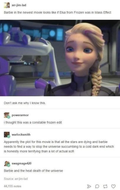 barbie movies - arr jimlad Barbie in the newest movie looks if Elsa from Frozen was in Mass Effect Don't ask me why I know this powerarmor I thought this was a constable frozen edit warlocksmith Apparently the plot for this movie is that all the stars are
