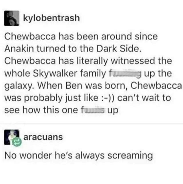 document - kylobentrash Chewbacca has been around since Anakin turned to the Dark Side. Chewbacca has literally witnessed the whole Skywalker family fw.ng up the galaxy. When Ben was born, Chewbacca was probably just can't wait to see how this one fwunds 