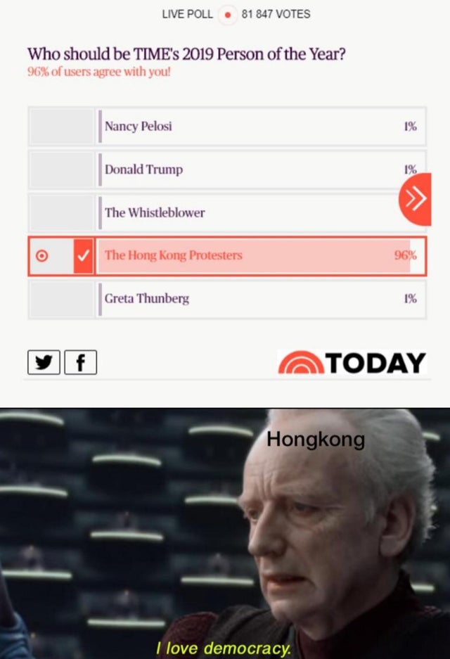 don t spoil the endgame memes - Live Poll 81 847 Votes Who should be Time's 2019 Person of the Year? 96% of users agree with you! Nancy Pelosi Donald Trump The Whistleblower The Hong Kong Protesters 96% Greta Thunberg Atoday Hongkong I love democracy