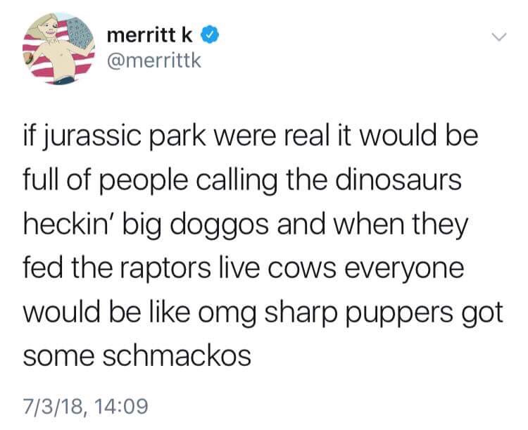 twitter post funny - merritt k if jurassic park were real it would be full of people calling the dinosaurs heckin' big doggos and when they fed the raptors live cows everyone would be omg sharp puppers got some schmackos 7318,