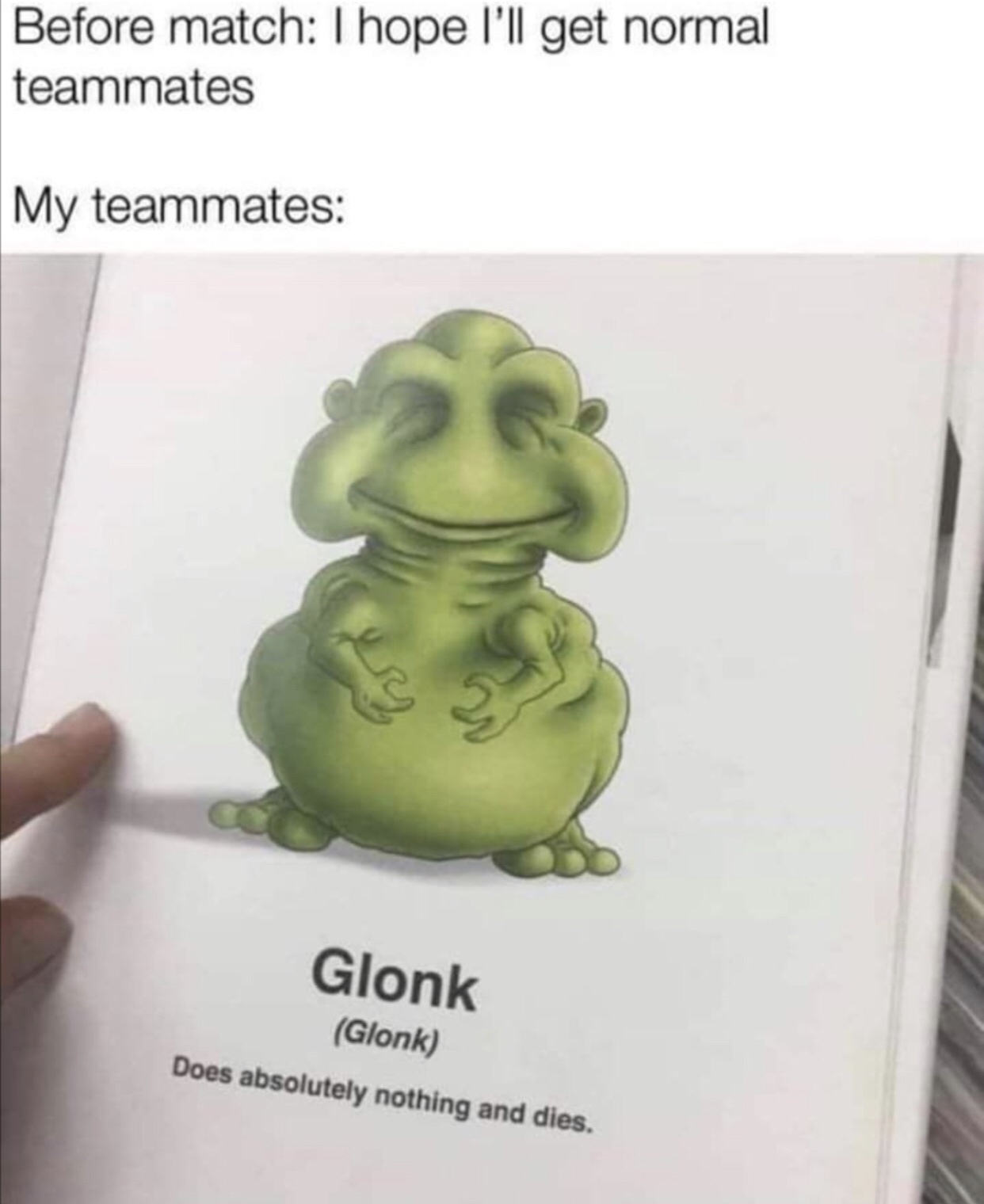 gonk spirit animal - Before match I hope I'll get normal teammates My teammates Glonk Glonk Does absolutely nothing and dies.