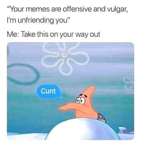 spongebob meme patrick cunt - "Your memes are offensive and vulgar, I'm unfriending you" Me Take this on your way out Cunt