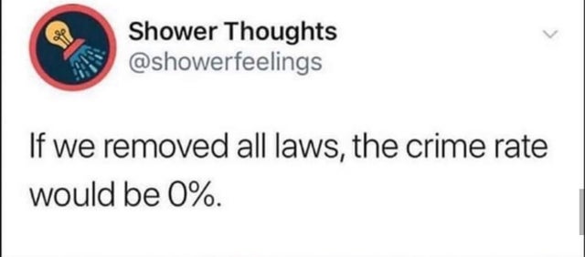document - Shower Thoughts If we removed all laws, the crime rate would be 0%.