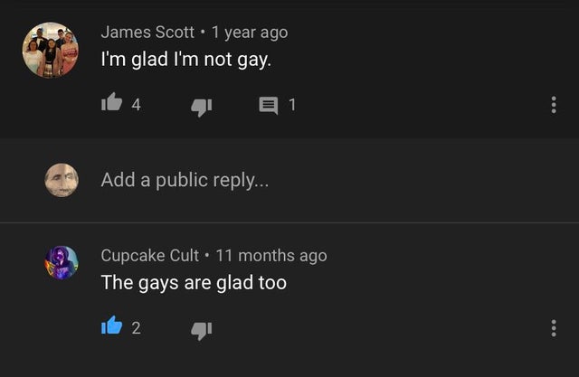 screenshot - James Scott 1 year ago I'm glad I'm not gay. it 4 11 Add a public ... Cupcake Cult 11 months ago The gays are glad too de 2