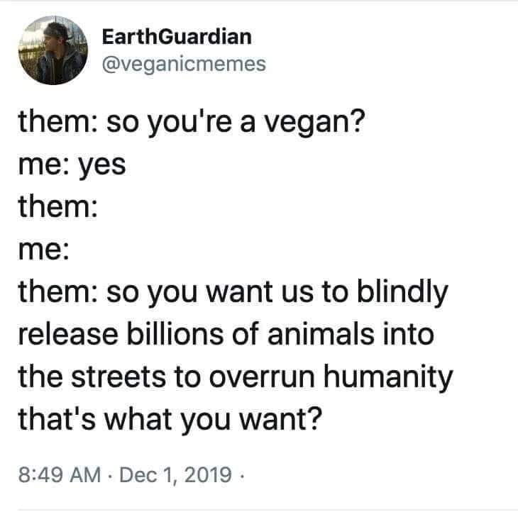 angle - EarthGuardian them so you're a vegan? me yes them me them so you want us to blindly release billions of animals into the streets to overrun humanity that's what you want? .