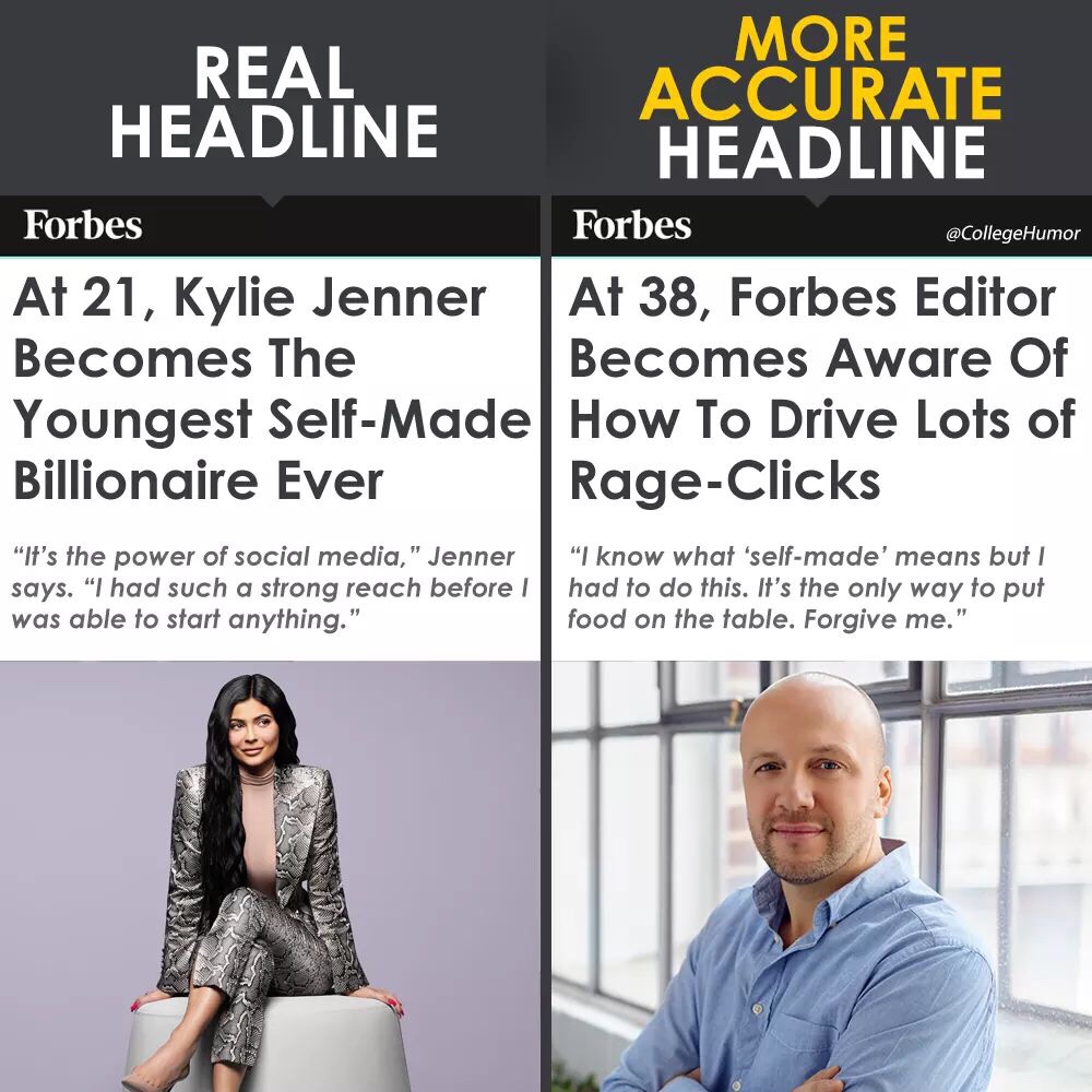 media - More Real Accurate Headline Headline Forbes Forbes At 21, Kylie Jenner At 38, Forbes Editor Becomes The Becomes Aware Of Youngest SelfMade How To Drive Lots of Billionaire Ever RageClicks "It's the power of social media," Jenner | "I know what 'se
