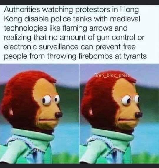 awkward monkey meme - Authorities watching protestors in Hong Kong disable police tanks with medieval technologies flaming arrows and realizing that no amount of gun control or electronic surveillance can prevent free people from throwing firebombs at tyr