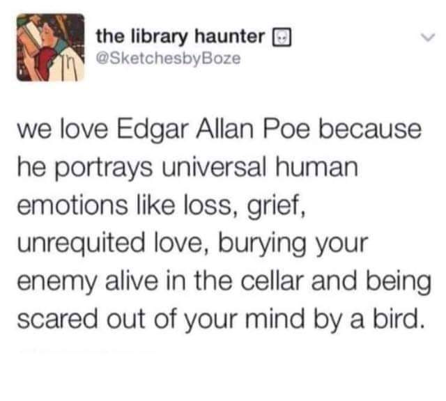 childish gambino tweets - the library haunter D An we love Edgar Allan Poe because he portrays universal human emotions loss, grief, unrequited love, burying your enemy alive in the cellar and being scared out of your mind by a bird.