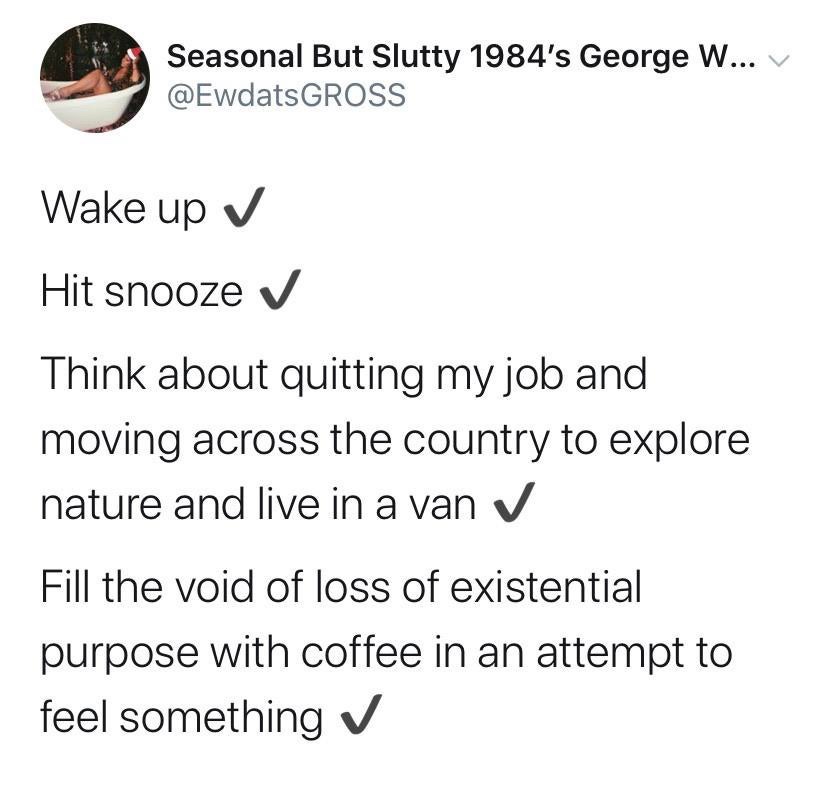 angle - Seasonal But Slutty 1984's George W... v Gross Wake up Hit snooze Think about quitting my job and moving across the country to explore nature and live in a van Fill the void of loss of existential purpose with coffee in an attempt to feel somethin